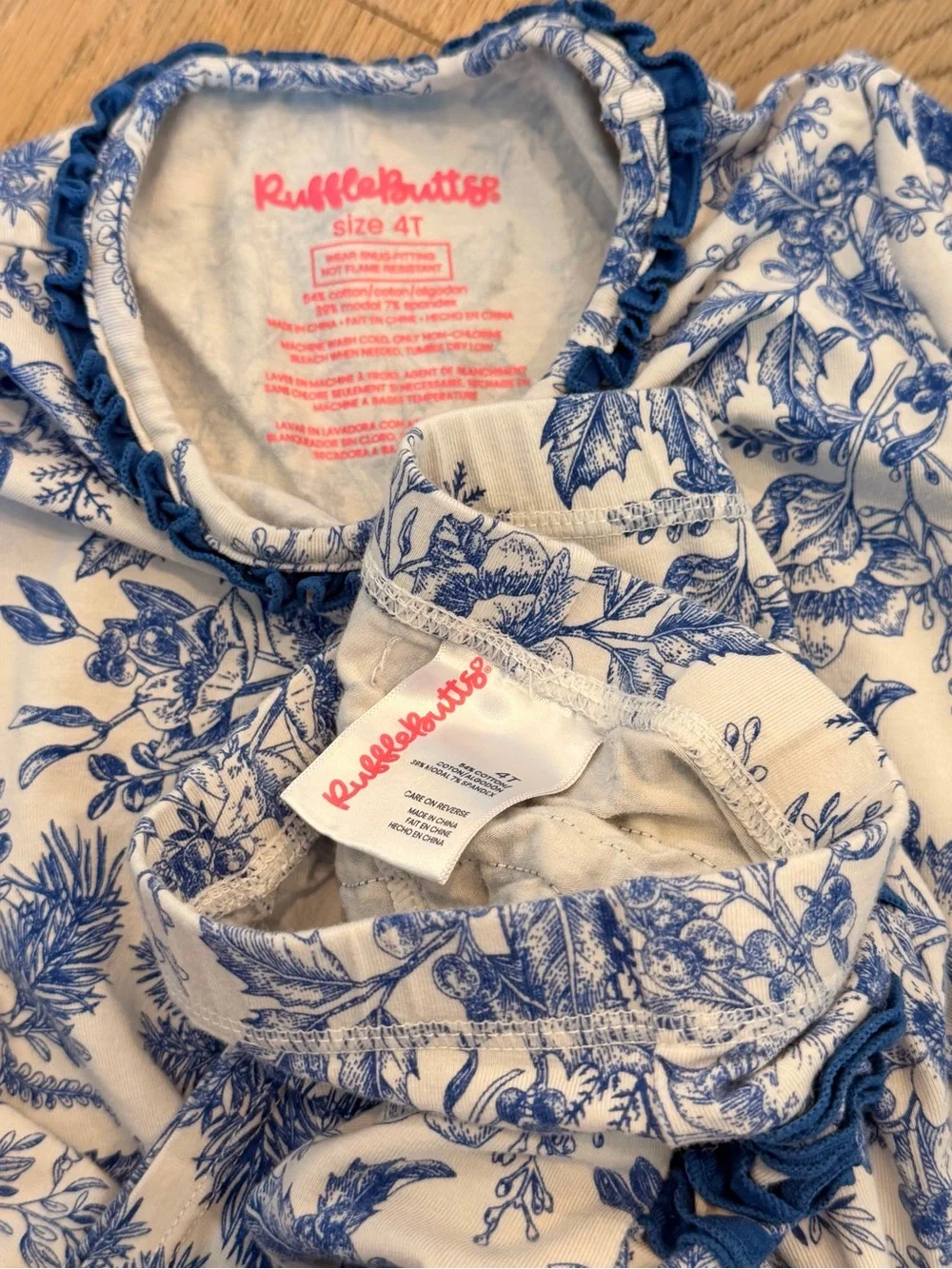 RuffleButts Blue and White Floral Ruffle Pajama Set